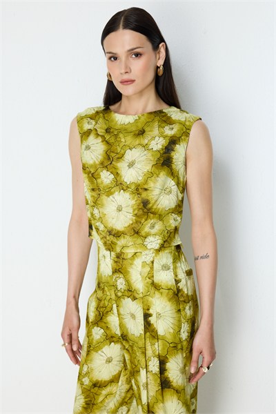 On Desenli Kolsuz Crop Bluz OLİVE