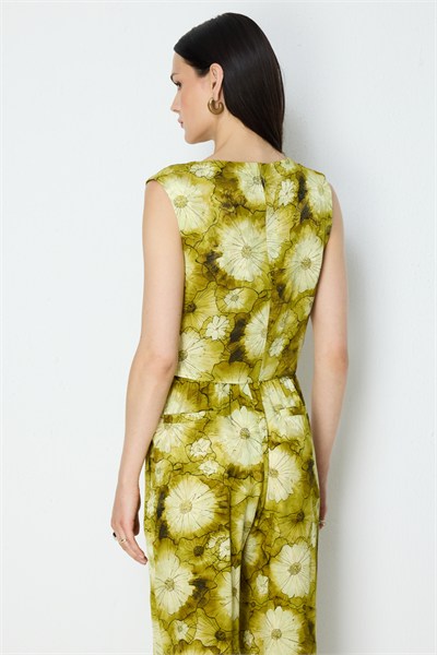 On Desenli Kolsuz Crop Bluz OLİVE