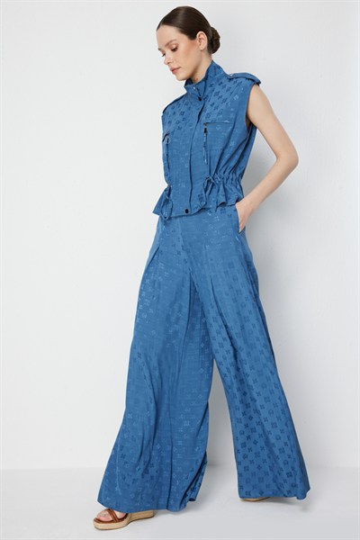 On Desenli Pileli Geniş Paça Pantolon INDIGO