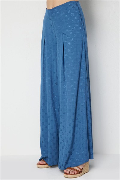 On Desenli Pileli Geniş Paça Pantolon INDIGO