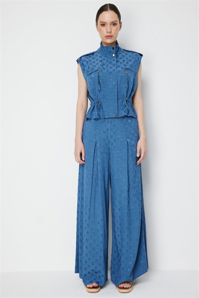 On Desenli Pileli Geniş Paça Pantolon INDIGO