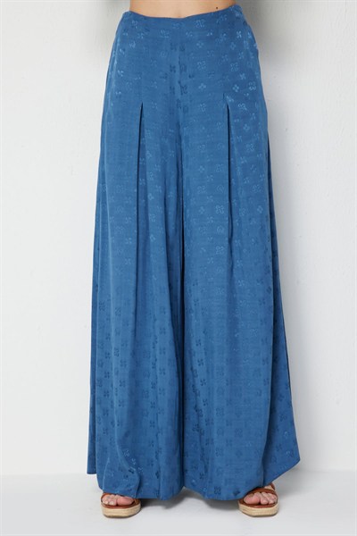 On Desenli Pileli Geniş Paça Pantolon INDIGO