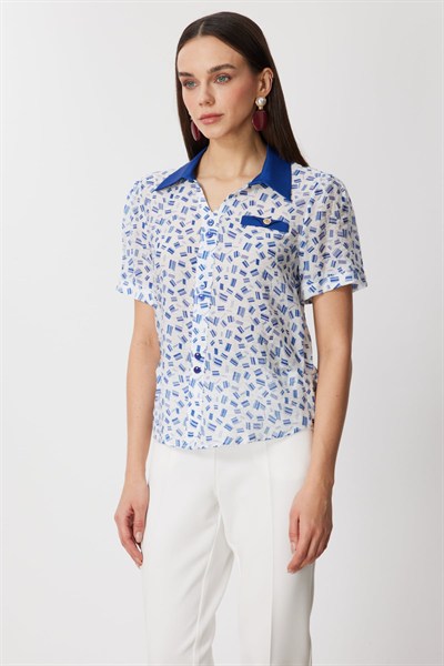 On Desenli Polo Yaka Bluz INDIGO