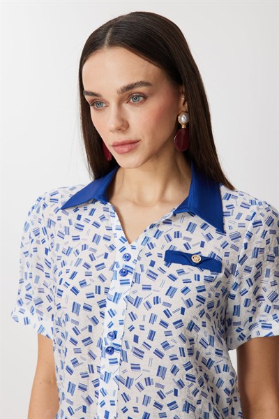 On Desenli Polo Yaka Bluz INDIGO