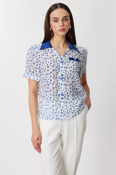 On Desenli Polo Yaka Bluz INDIGO