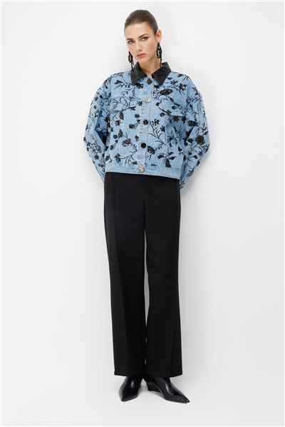 On Desenli Pul İşlemeli Oversize Kot Mont Saks