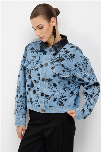 On Desenli Pul İşlemeli Oversize Kot Mont Saks