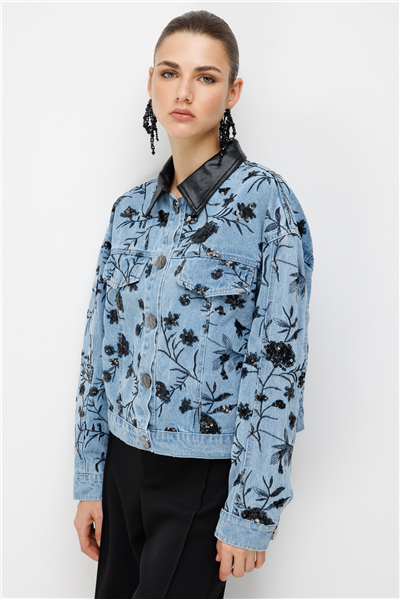 On Desenli Pul İşlemeli Oversize Kot Mont Saks