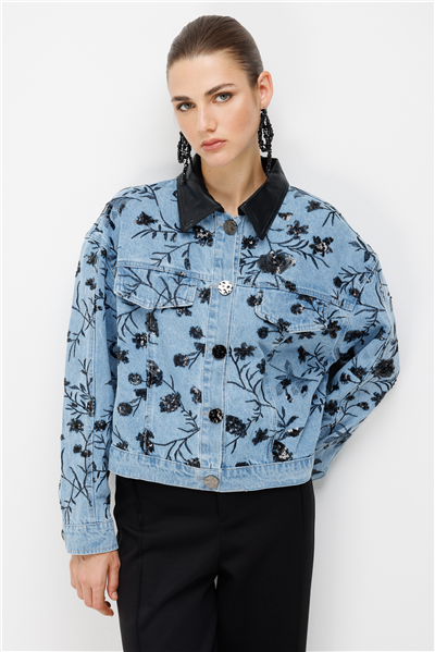 On Desenli Pul İşlemeli Oversize Kot Mont Saks