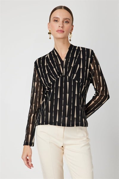 On Desenli Şifon Bluz BEJ