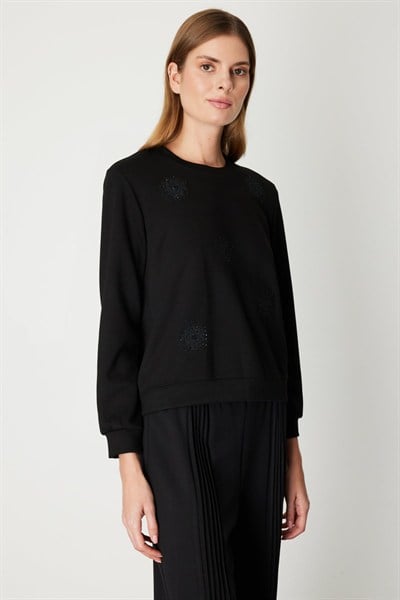 On Desenli Taşlı Sweat SIYAH