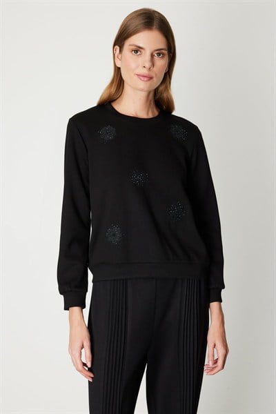 On Desenli Taşlı Sweat SIYAH