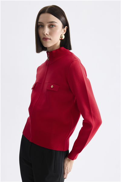On Dik Yaka Cep Detaylı Triko Hırka Kırmızı