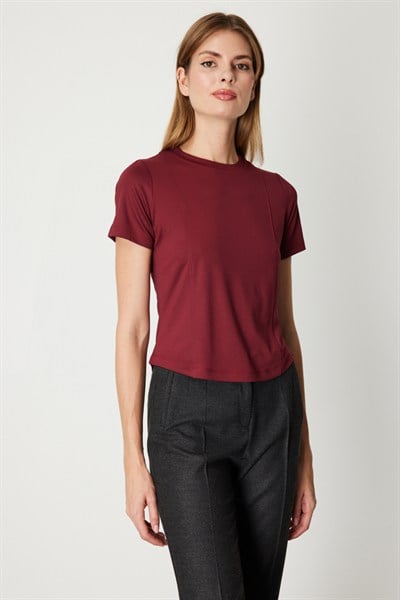 On Dikiş Detaylı Basic Bluz BORDO