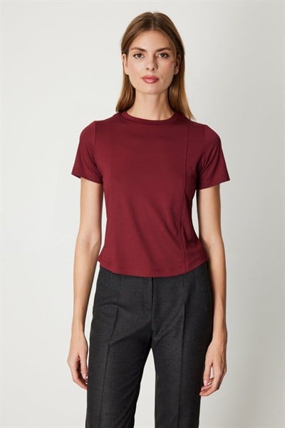 On Dikiş Detaylı Basic Bluz BORDO