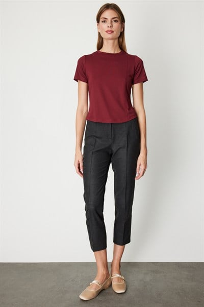 On Dikiş Detaylı Basic Bluz BORDO