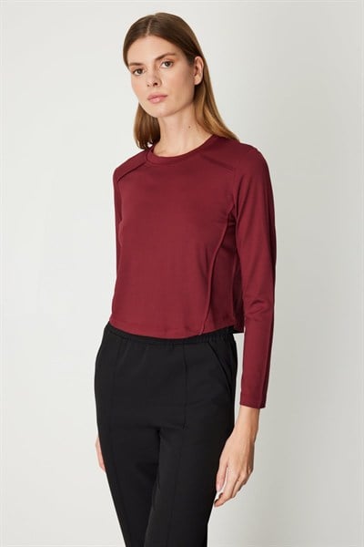 On Dikiş Detaylı Basic Crop Bluz BORDO