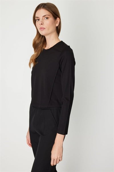 On Dikiş Detaylı Basic Crop Bluz SIYAH