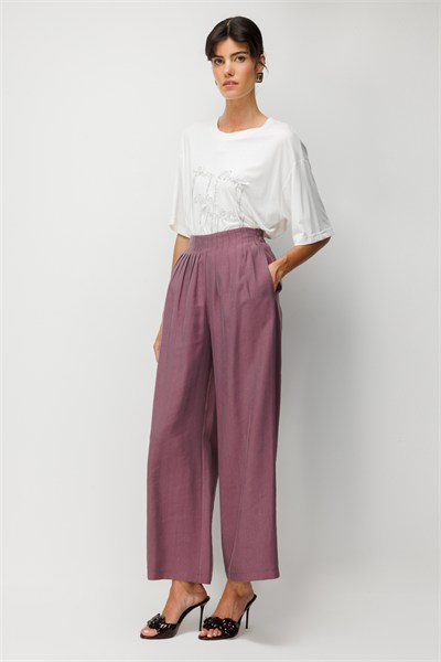 On Dikiş Detaylı Geniş Paça Pantolon BORDO