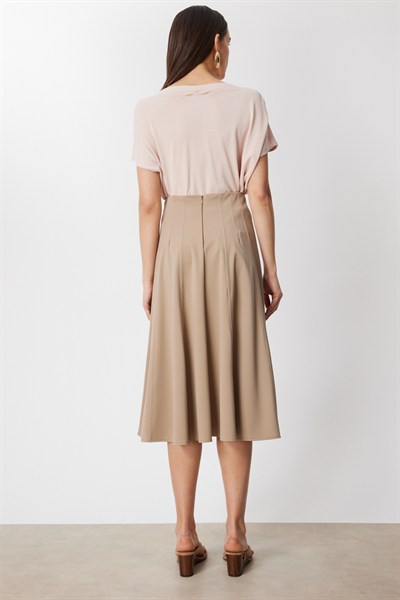On Dikiş Detaylı Midi Boy Etek BEJ