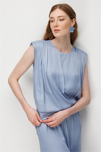 On Drape Detaylı Kolsuz Bluz Mavi
