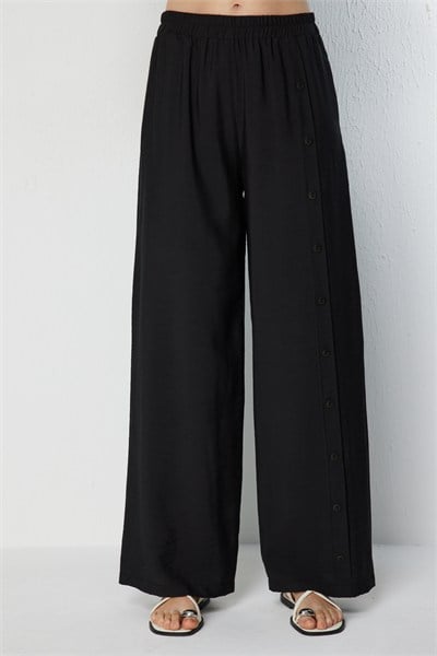 On Düğme Detaylı Bol Paça Pantolon SIYAH