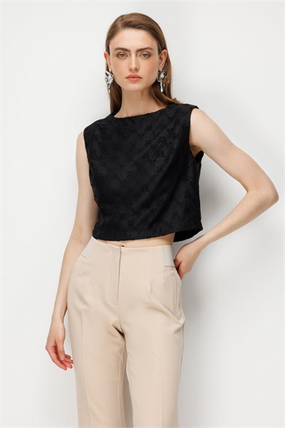 On Düğme Detaylı İşlemeli Crop Bluz SIYAH