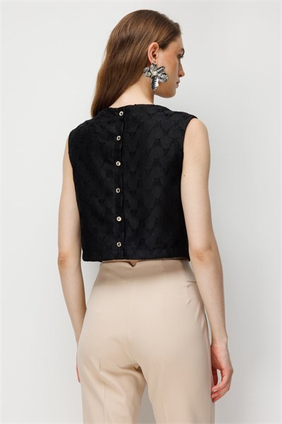 On Düğme Detaylı İşlemeli Crop Bluz SIYAH