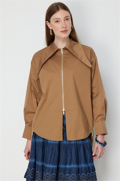 On Fermuarlı Oversize Gömlek MOCCA