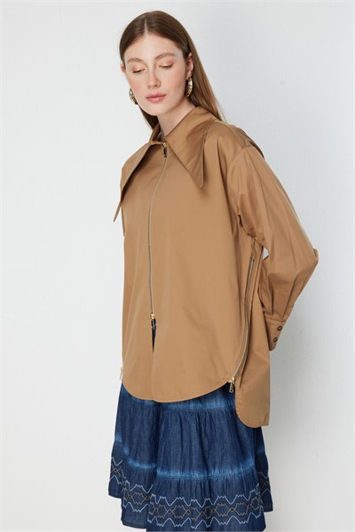 On Fermuarlı Oversize Gömlek MOCCA