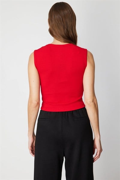 On Fitilli Kolsuz Crop Bluz KIRMIZI