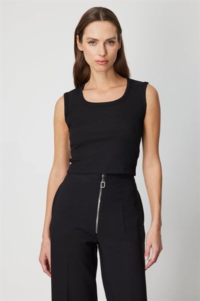 On Fitilli Kolsuz Crop Bluz SIYAH
