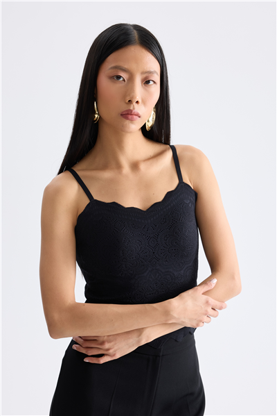 On İnce Askılı Dantelli Crop Bluz Siyah