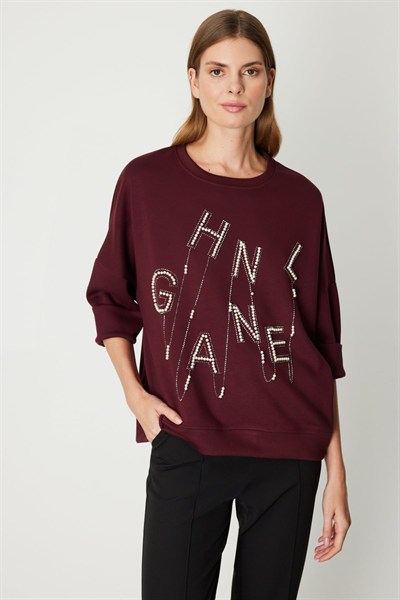 On İnci Detaylı Yarım Kol Sweat BORDO