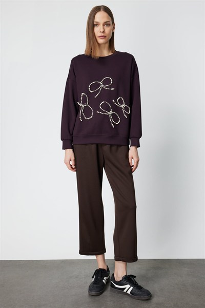 On İncili Fiyonk İşlemeli Sweat BORDO