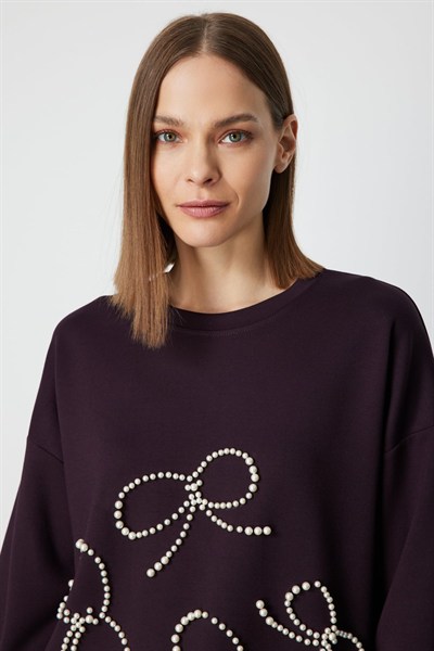 On İncili Fiyonk İşlemeli Sweat BORDO