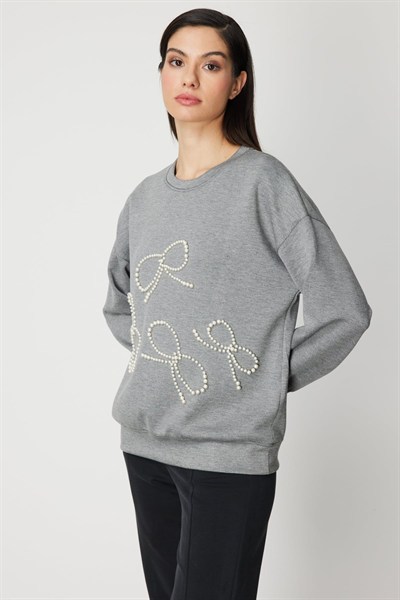 On İncili Fiyonk İşlemeli Sweat Gri