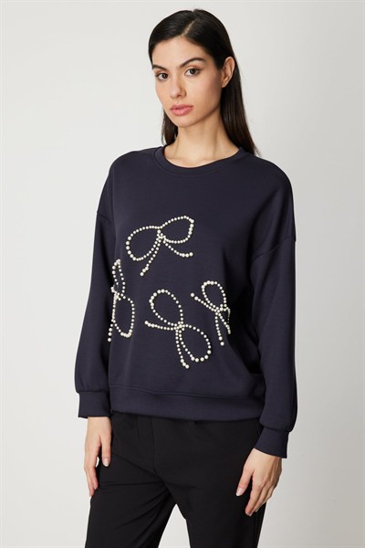 On İncili Fiyonk İşlemeli Sweat LACIVERT