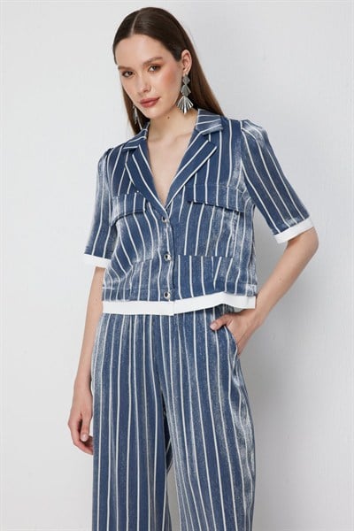 On Kapak Cepli Çizgili Crop Ceket INDIGO