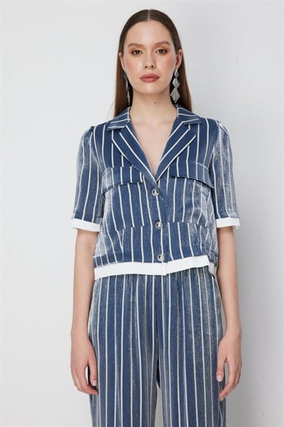 On Kapak Cepli Çizgili Crop Ceket INDIGO