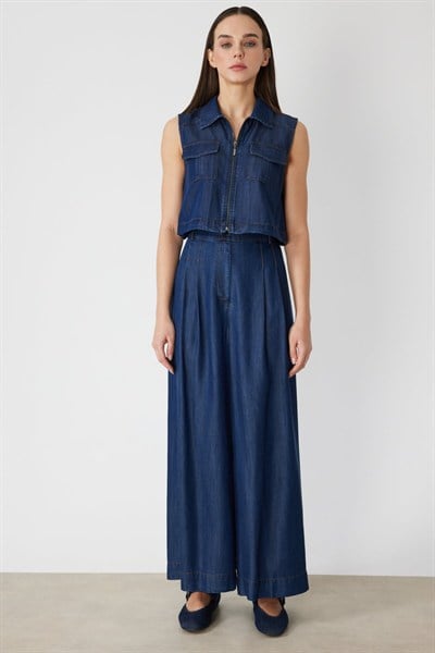 On Kapak Cepli Crop Yelek INDIGO
