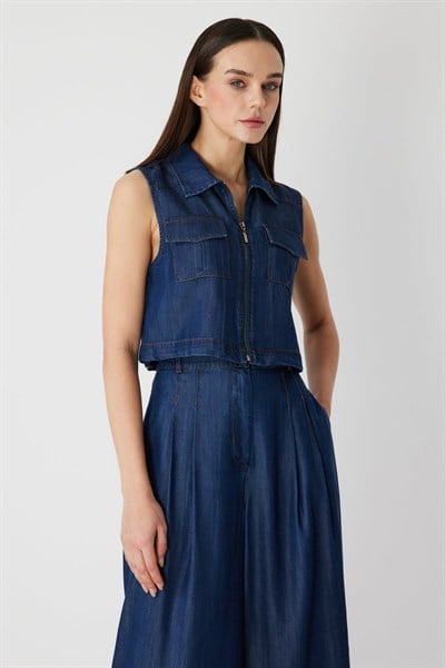 On Kapak Cepli Crop Yelek INDIGO