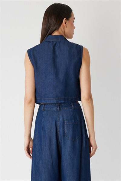 On Kapak Cepli Crop Yelek INDIGO