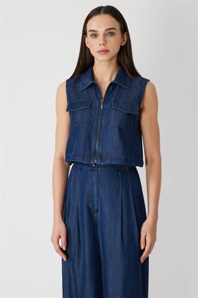 On Kapak Cepli Crop Yelek INDIGO