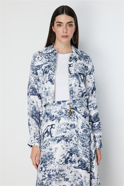 On Kapak Cepli Desenli Crop Ceket INDIGO