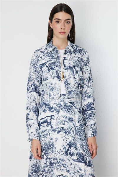 On Kapak Cepli Desenli Crop Ceket INDIGO