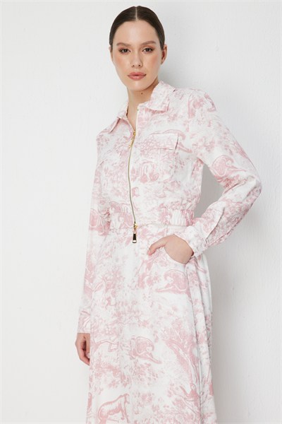 On Kapak Cepli Desenli Crop Ceket PEMBE