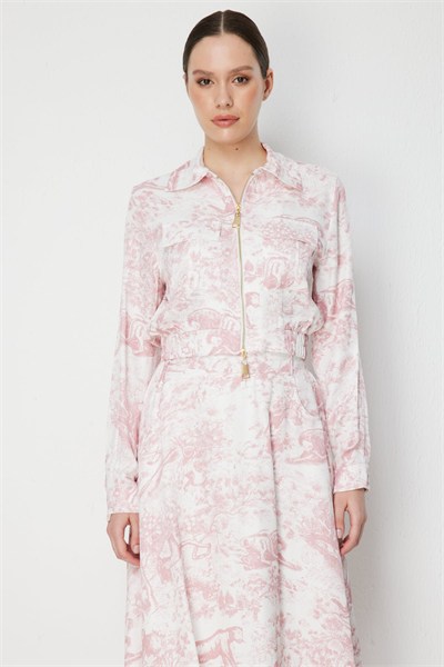 On Kapak Cepli Desenli Crop Ceket PEMBE