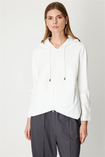 On Kapüşonlu Mix Kumaş Sweat BEYAZ
