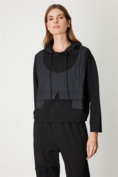 On Kapüşonlu Mix Kumaş Sweat SIYAH
